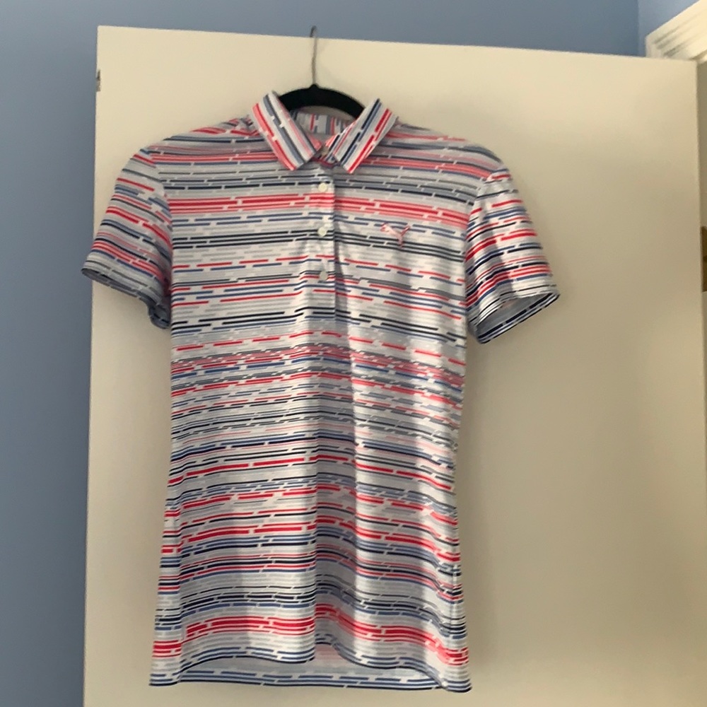 Puma collared golf/tennis polo, multi colored in pristine condition